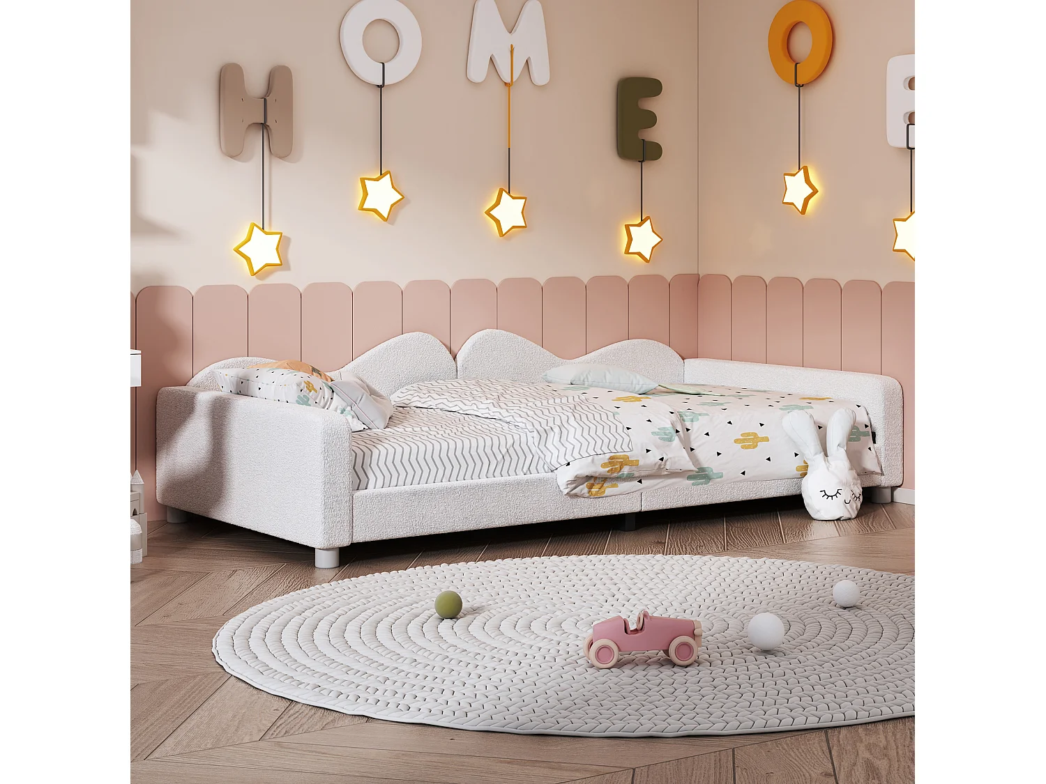 Gestoffeerd kinderbed 90 x 200 cm, met lattenbodem, rugleuning en armleuningen, wit