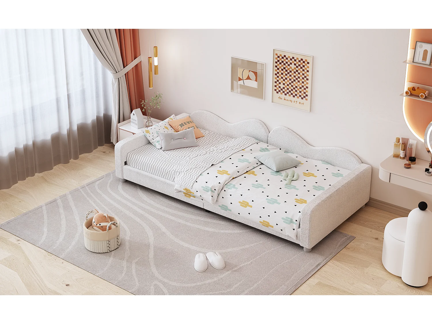 Gestoffeerd kinderbed 90 x 200 cm, met lattenbodem, rugleuning en armleuningen, wit