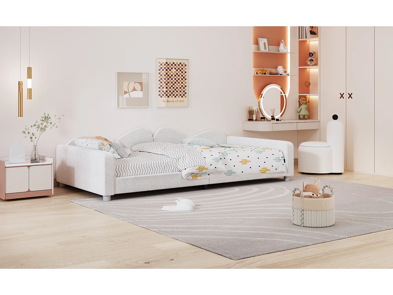 Gestoffeerd kinderbed 90 x 200 cm, met lattenbodem, rugleuning en armleuningen, wit