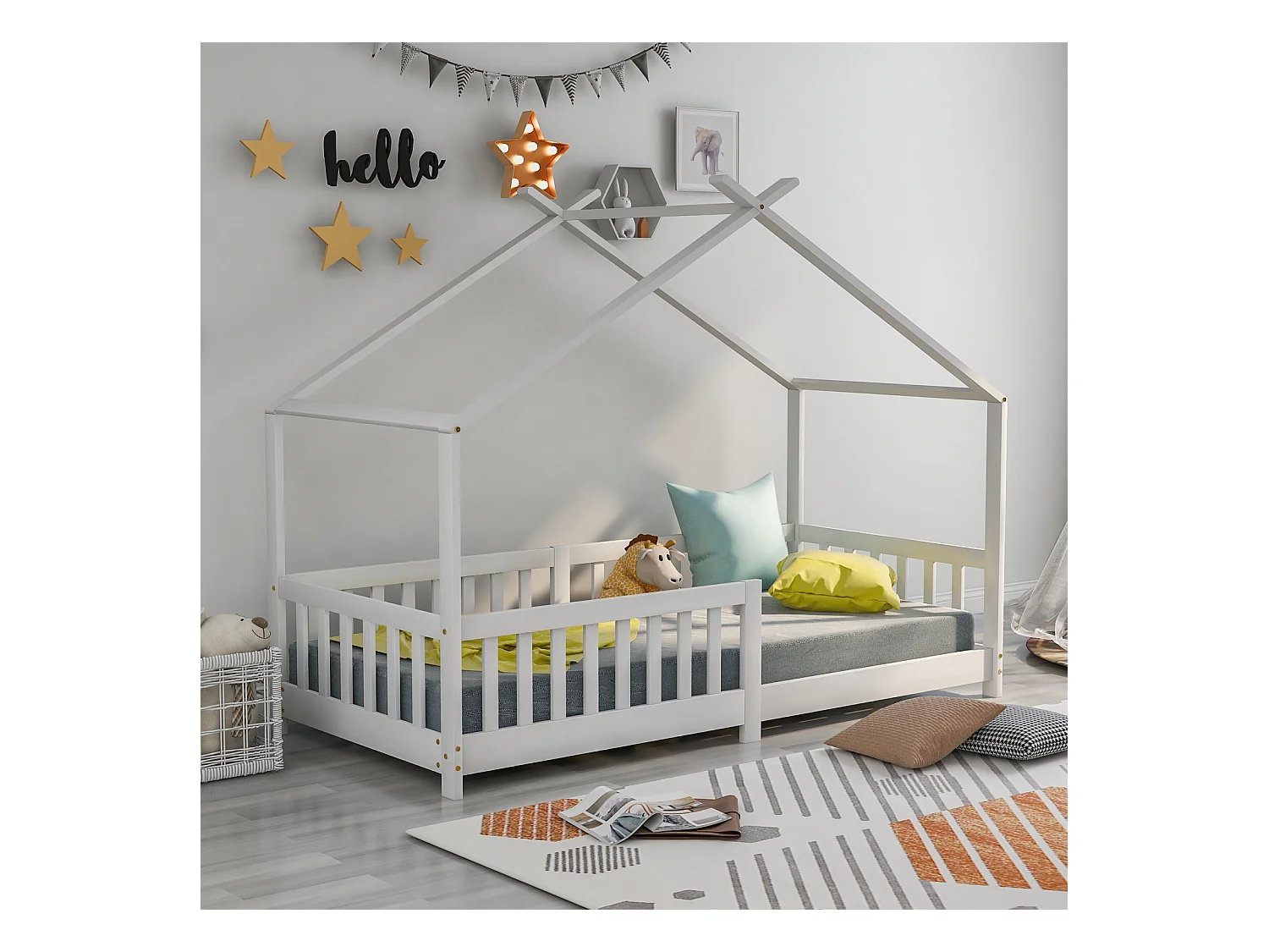 Lit Cabane Enfant 90x200cm, Lit d'enfant avec Barriere et Sommier à Lattes, Blanc