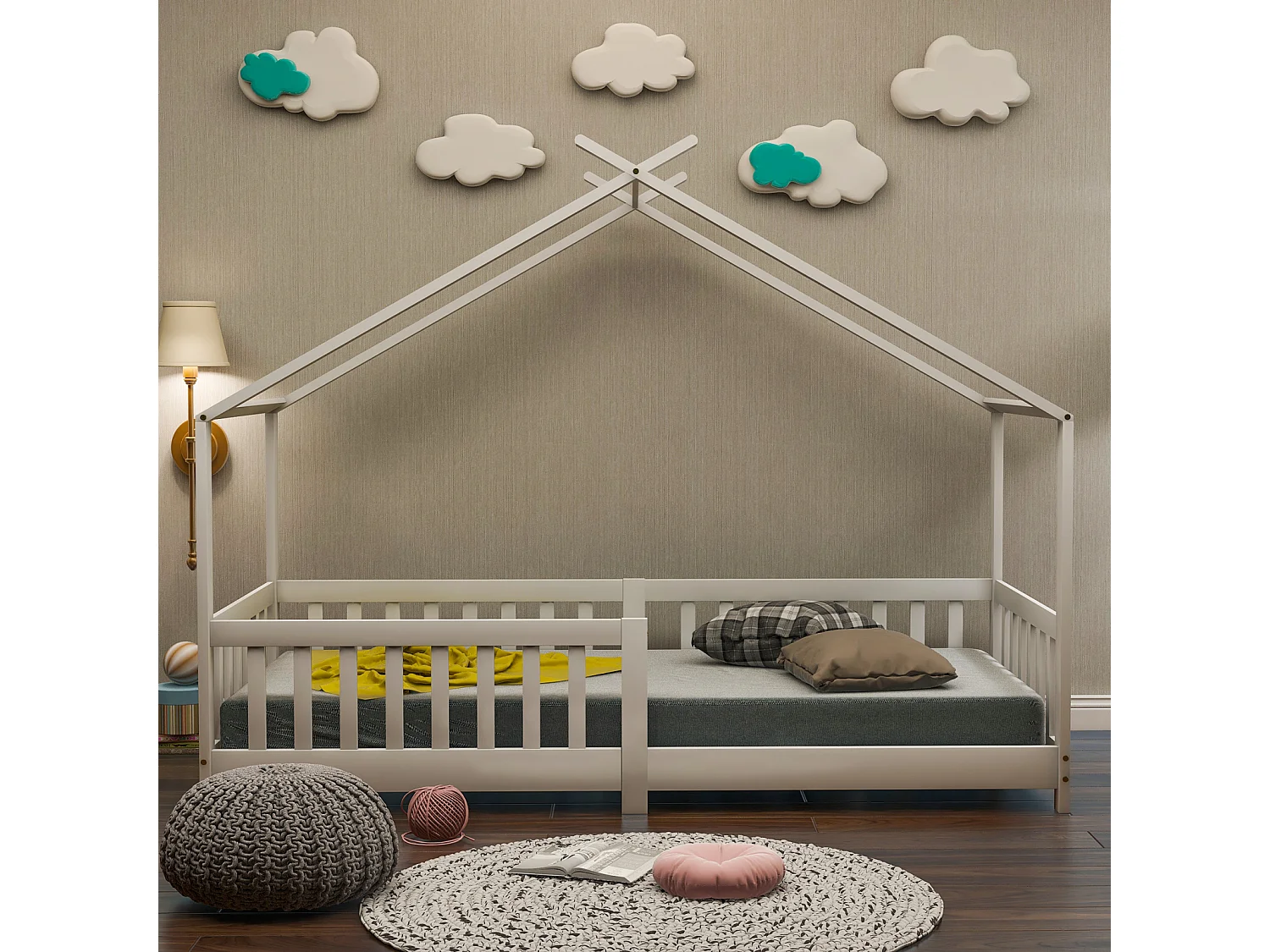 Lit Cabane Enfant 90x200cm, Lit d'enfant avec Barriere et Sommier à Lattes, Blanc