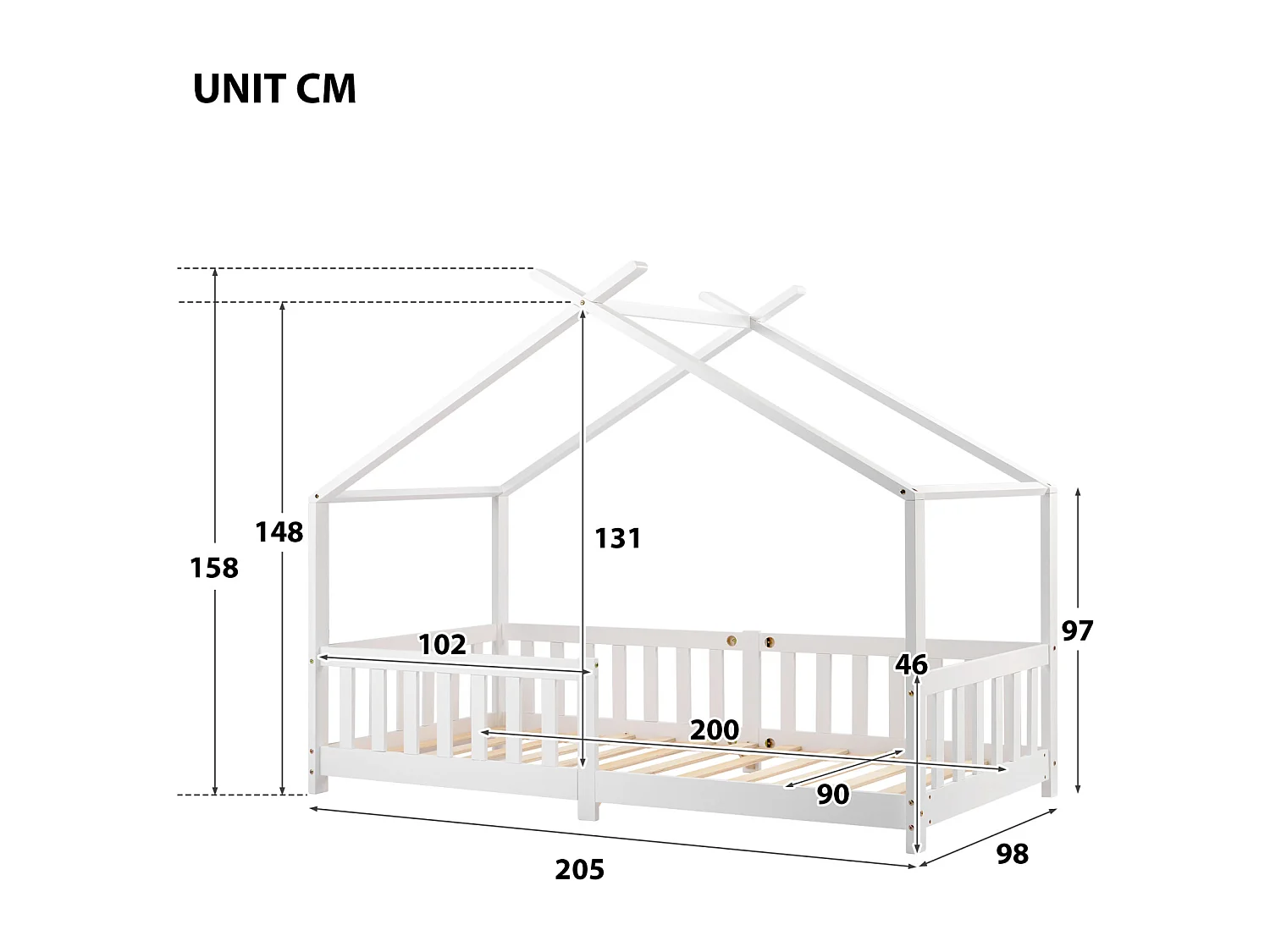 Cama infantil tipo cabana, 90x200cm, com grade de proteção e estrado de ripas, branca.