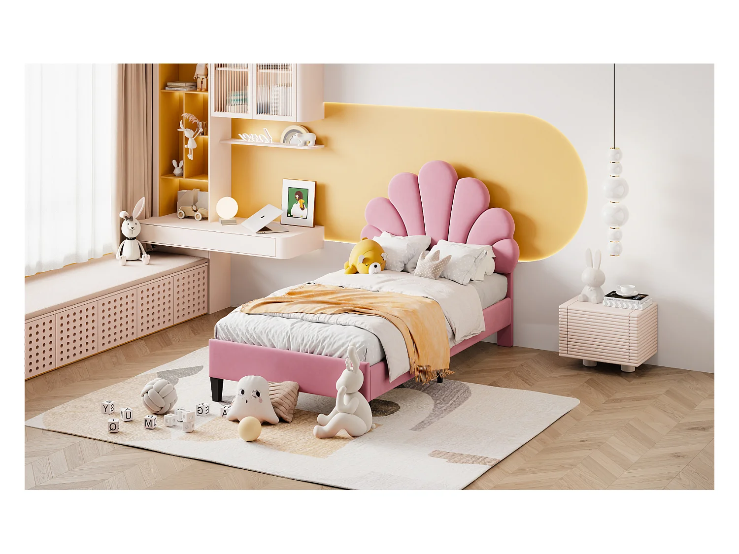 Lits rembourrés 90 x 200 cm, Lits Simples avec tête de lit et sommier à Lattes, Velours, Rose