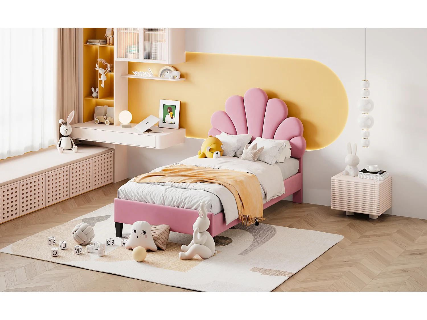 Camas tapizadas 90 x 200 cm, Camas individuales con cabecero y somier, Terciopelo, Rosa