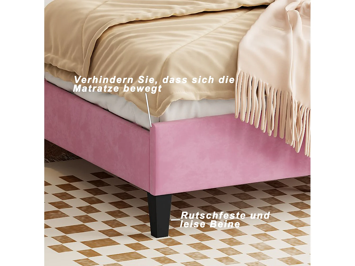 Camas tapizadas 90 x 200 cm, Camas individuales con cabecero y somier, Terciopelo, Rosa