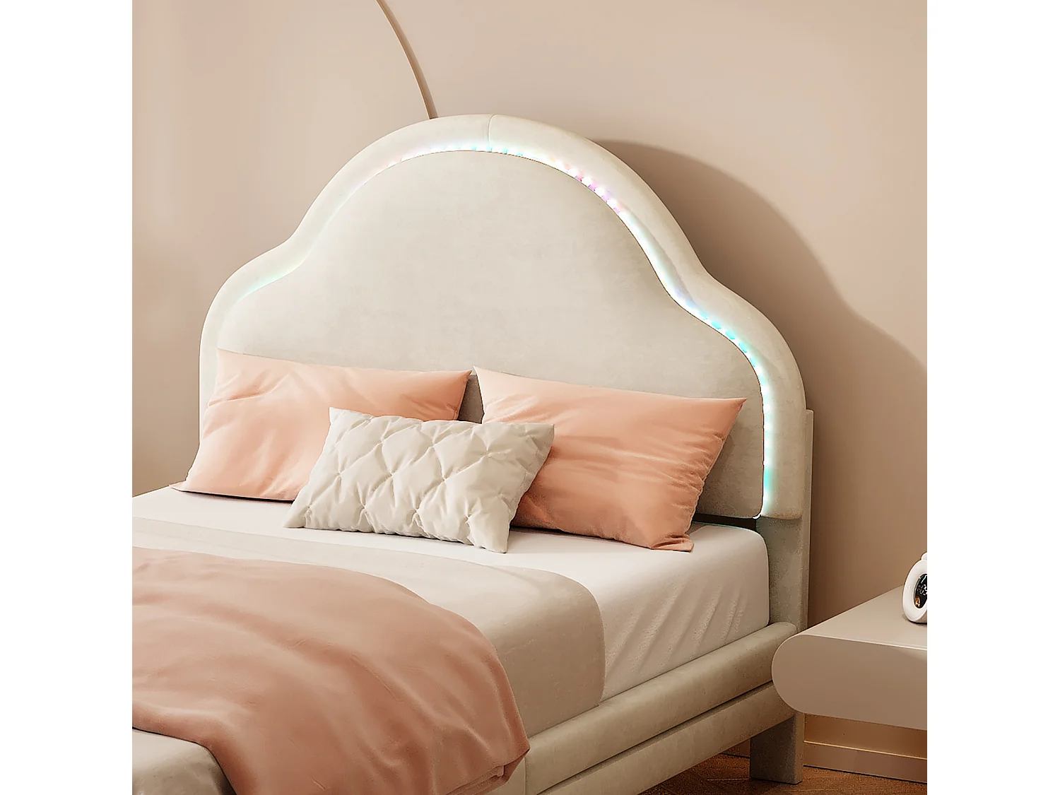 Lit pour enfant avec tête de lit nuageuse et bandes LED, lit simple, 90 x 200 cm, beige
