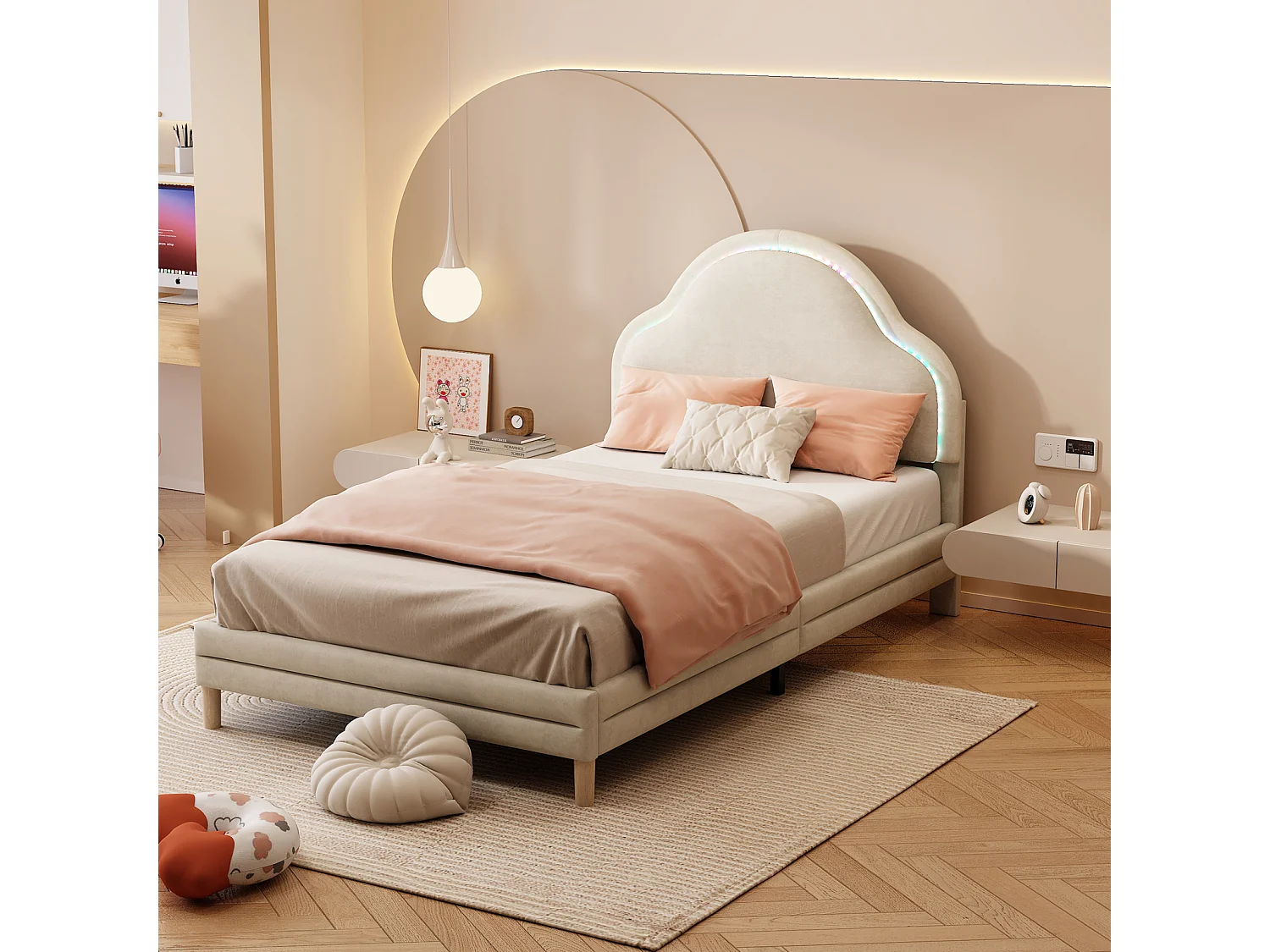 Kinderbed met wolkenvormig hoofdbord en ledstrips, eenpersoonsbed, 90 x 200 cm, beige