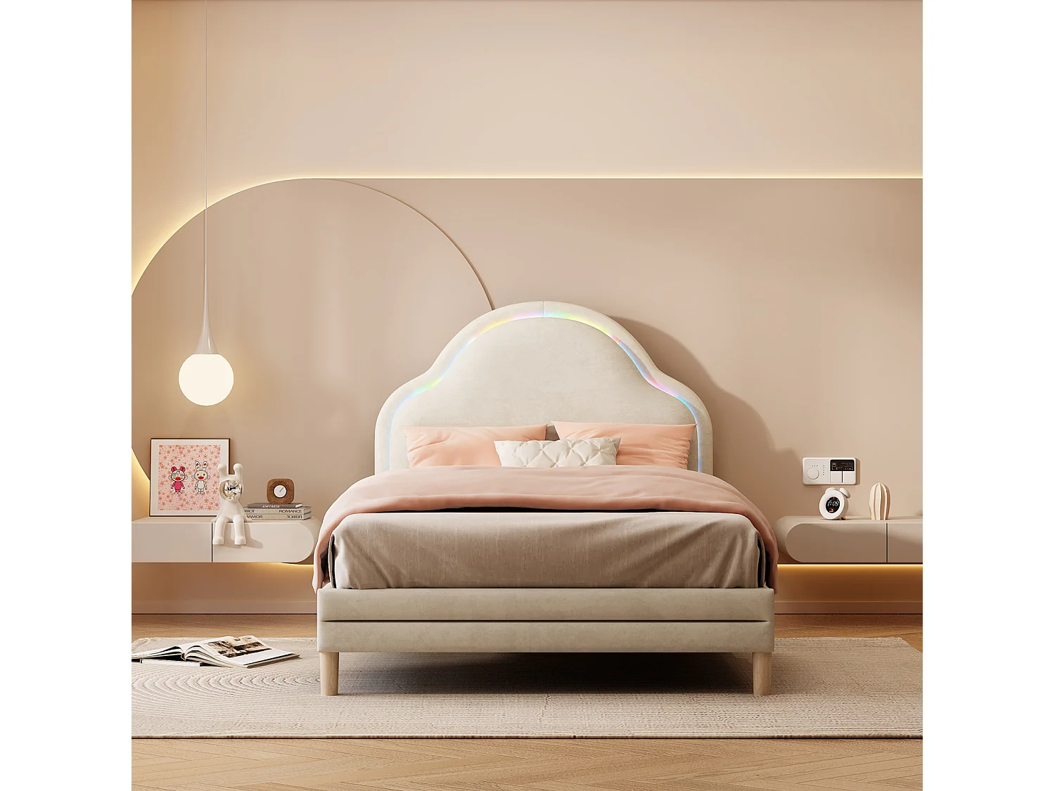 Kinderbed met wolkenvormig hoofdbord en ledstrips, eenpersoonsbed, 90 x 200 cm, beige