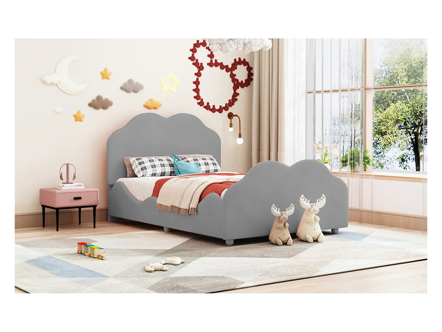 Cama Estofada 90 x 200 cm com Cabeceira Moldada, Cama Infantil com Estrado de Ripas, Cinza