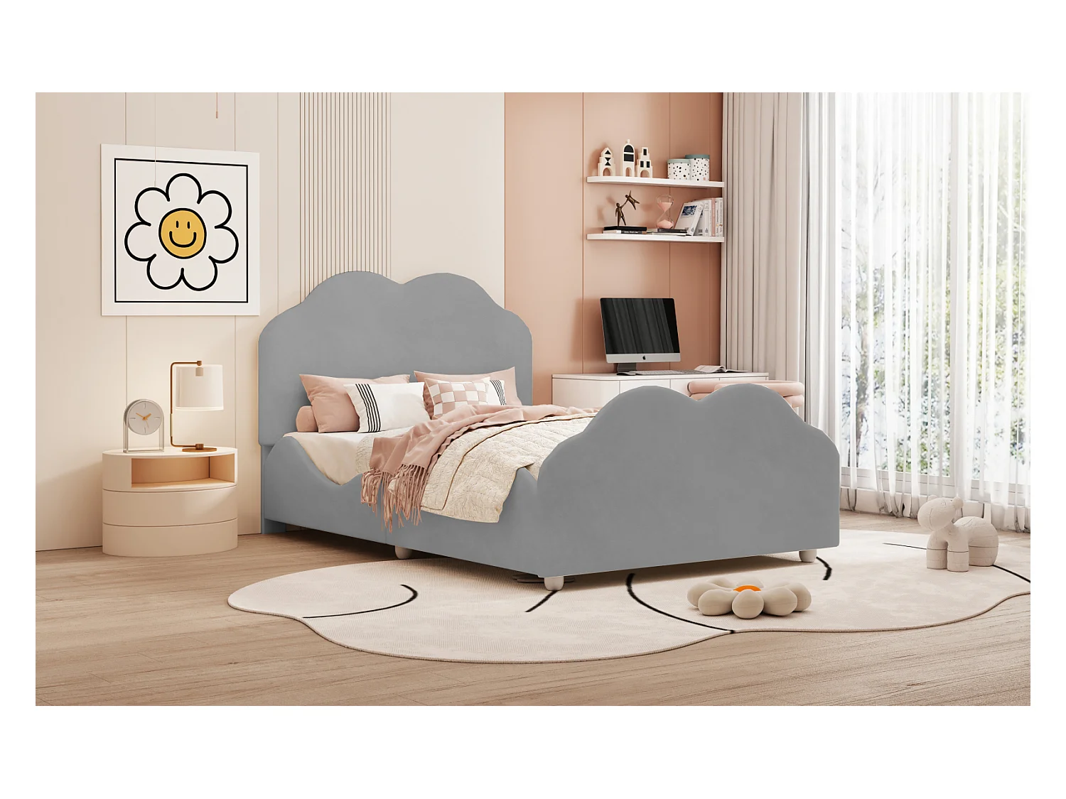 Cama Estofada 90 x 200 cm com Cabeceira Moldada, Cama Infantil com Estrado de Ripas, Cinza