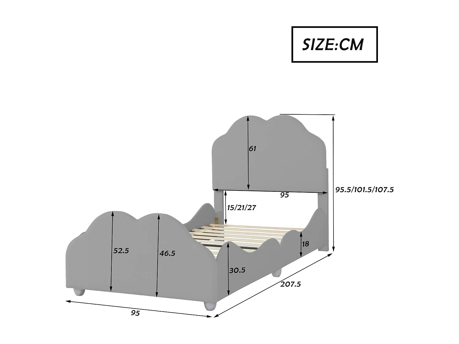Cama tapizada de 90 x 200 cm con cabecero moldeado, cama infantil con somier de láminas, color gris