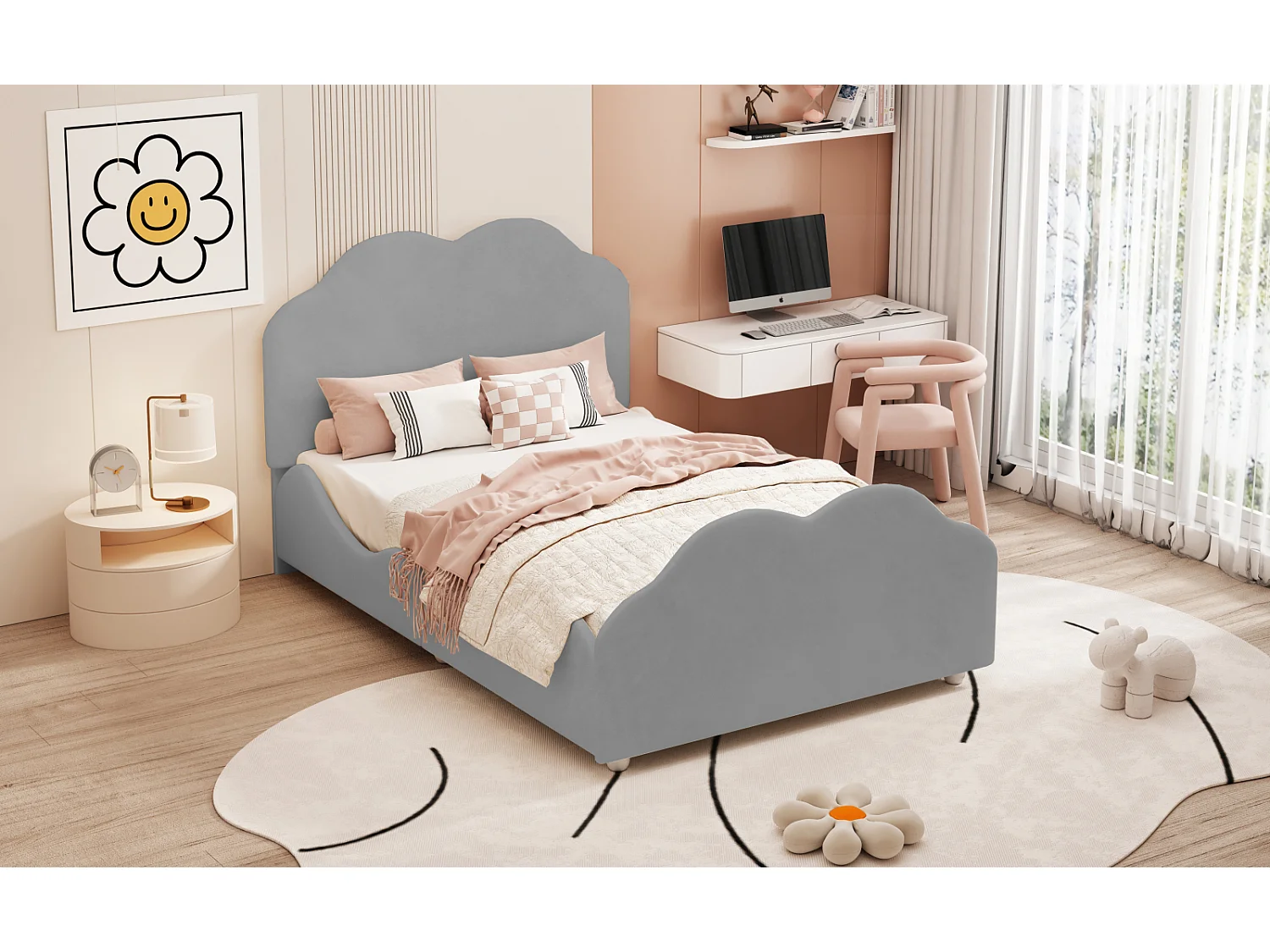 Cama tapizada de 90 x 200 cm con cabecero moldeado, cama infantil con somier de láminas, color gris
