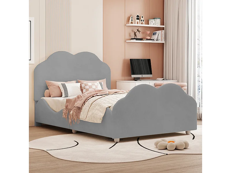 Gestoffeerd bed 90 x 200 cm met gevormd hoofdeinde, kinderbed met lattenbodem, grijs