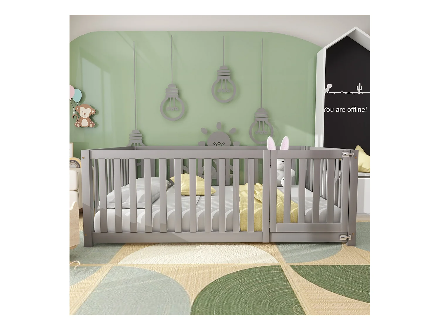 Cama Infantil - 140 x 200 cm - Cama de Chão com Cerca e Porta - para Meninas e Meninos - Cinza