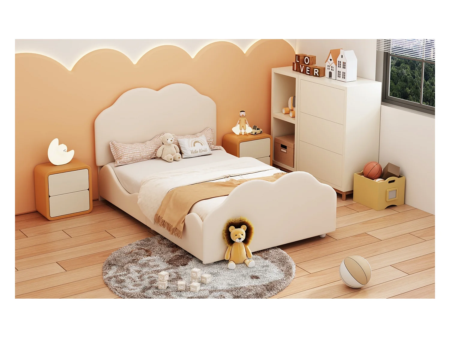 Lit Rembourré 90 x 200 cm avec TêTe De Lit en Forme , Lit Enfant avec Sommier à Lattes, Beige
