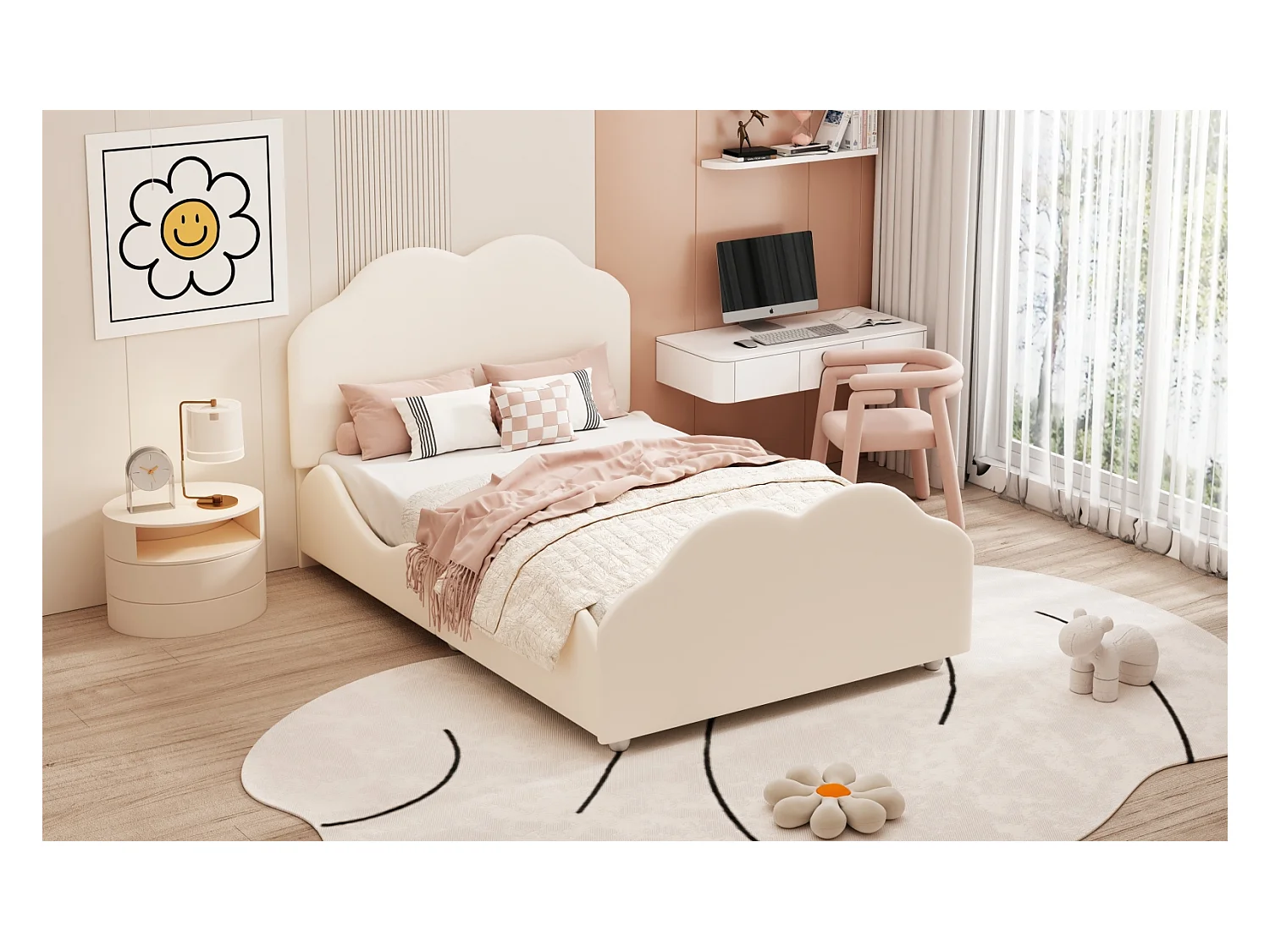 Lit Rembourré 90 x 200 cm avec TêTe De Lit en Forme , Lit Enfant avec Sommier à Lattes, Beige