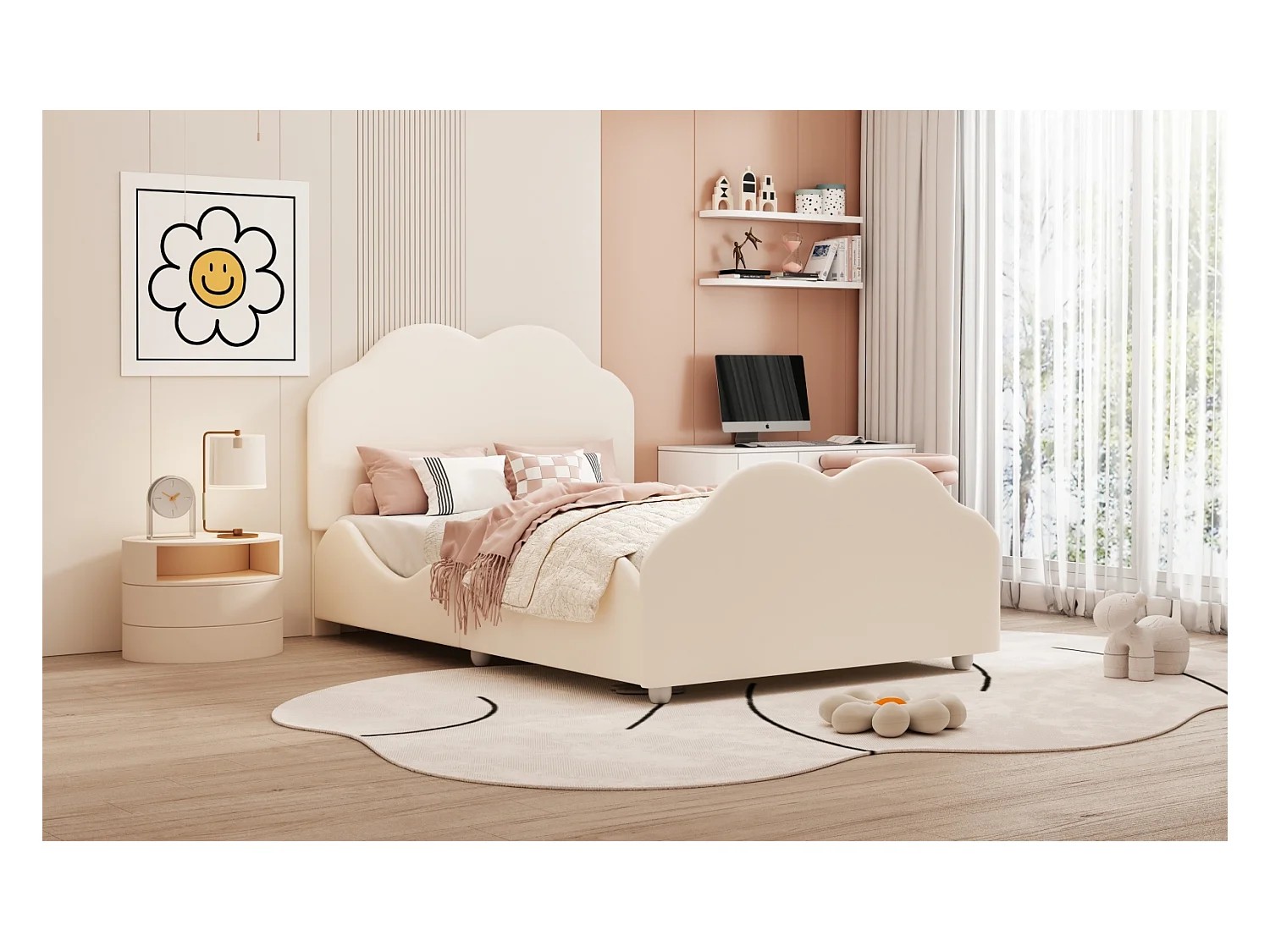 Lit Rembourré 90 x 200 cm avec TêTe De Lit en Forme , Lit Enfant avec Sommier à Lattes, Beige