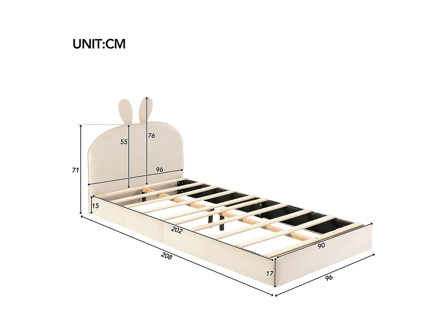 Letto imbottito 90 x 200 cm, con testiera a forma di coniglio, doghe in legno, letto singolo, velluto, beige