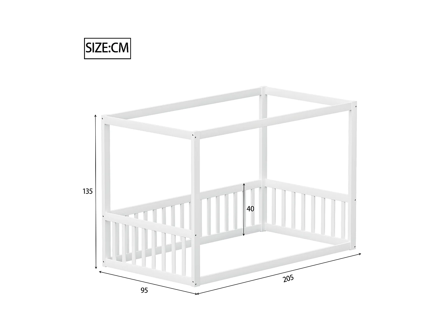 Cama infantil de 90 x 200 cm con dosel de madera maciza para adolescentes, color blanco