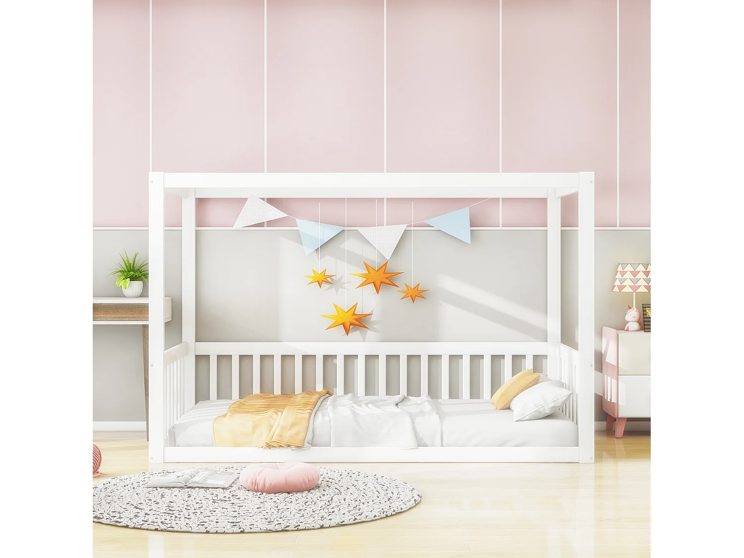Estrutura de cama infantil 90 x 200 cm, cama com dossel para adolescentes em madeira maciça, branca