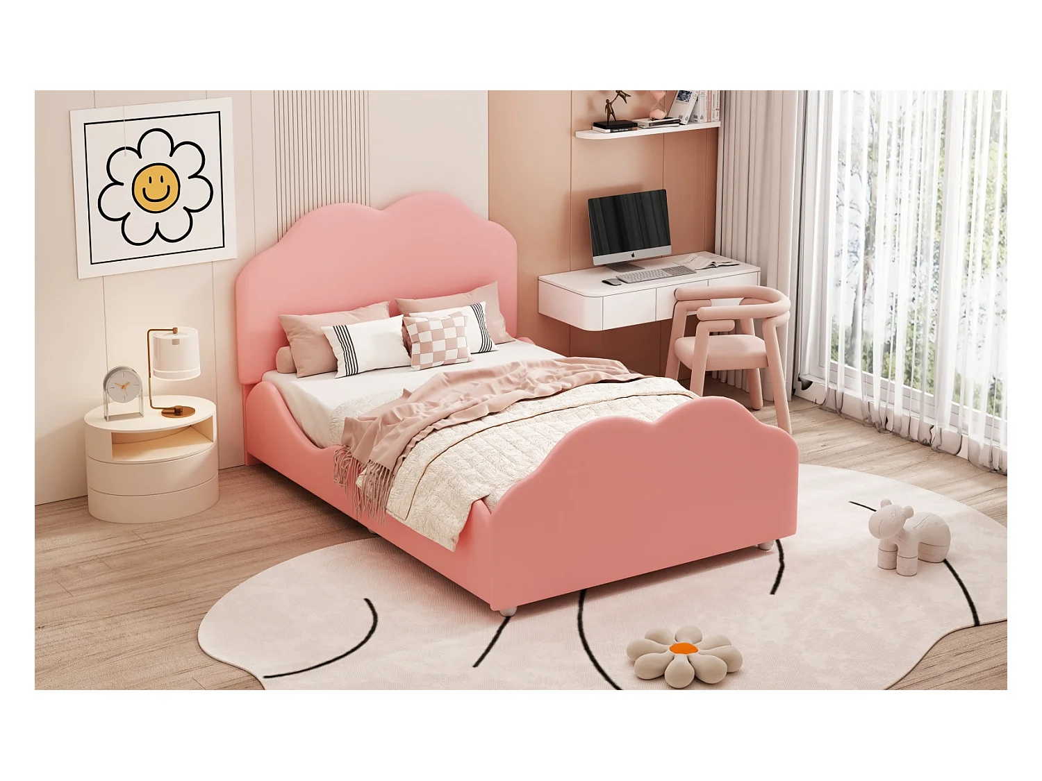 Cama Estofada 90 x 200 cm com Cabeceira Moldada, Cama Infantil com Estrado de Ripas, Rosa