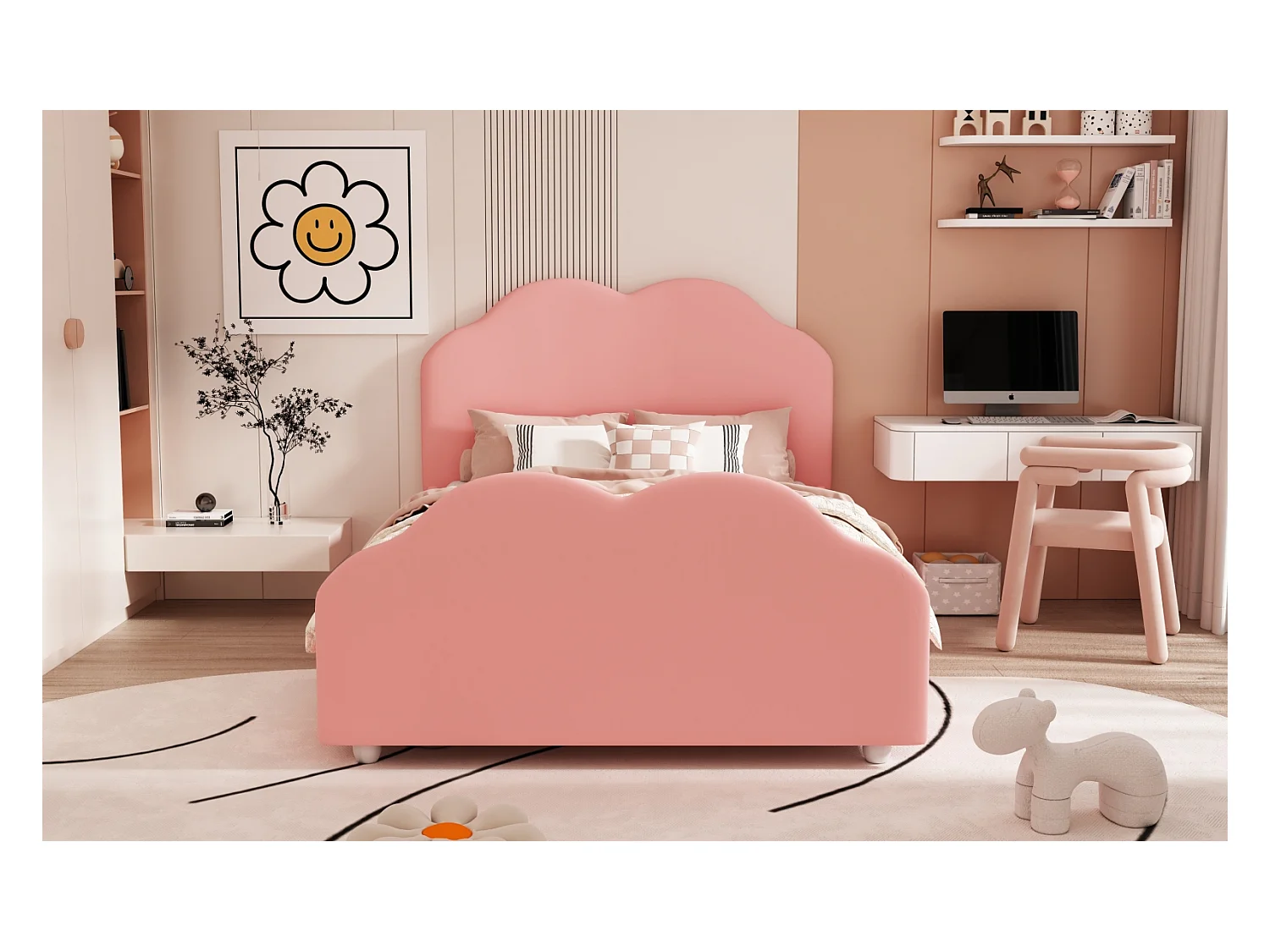 Cama Estofada 90 x 200 cm com Cabeceira Moldada, Cama Infantil com Estrado de Ripas, Rosa