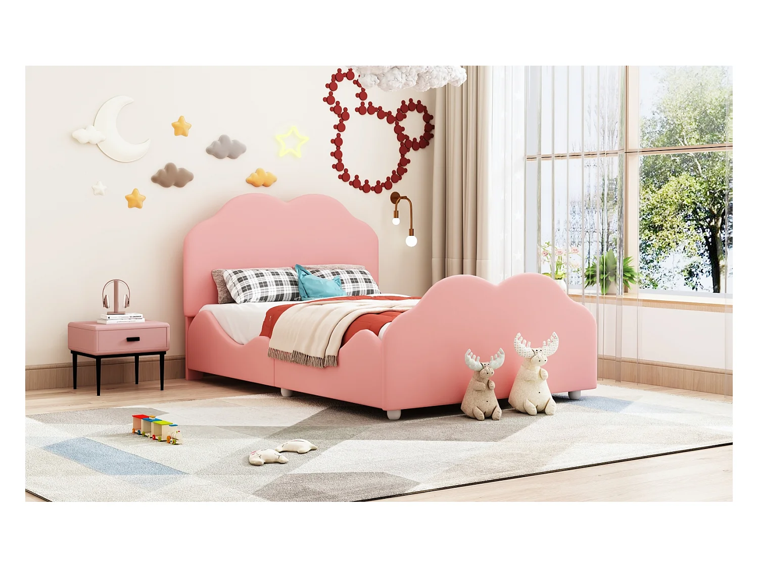 Cama Estofada 90 x 200 cm com Cabeceira Moldada, Cama Infantil com Estrado de Ripas, Rosa