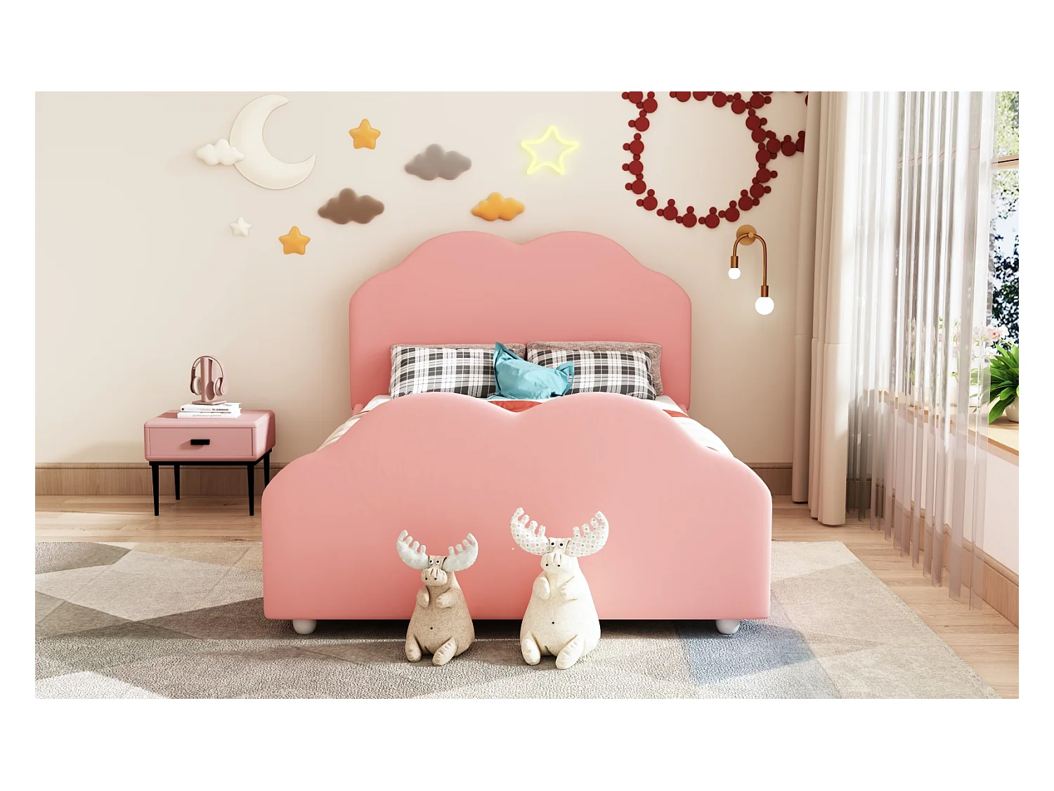 Cama Estofada 90 x 200 cm com Cabeceira Moldada, Cama Infantil com Estrado de Ripas, Rosa
