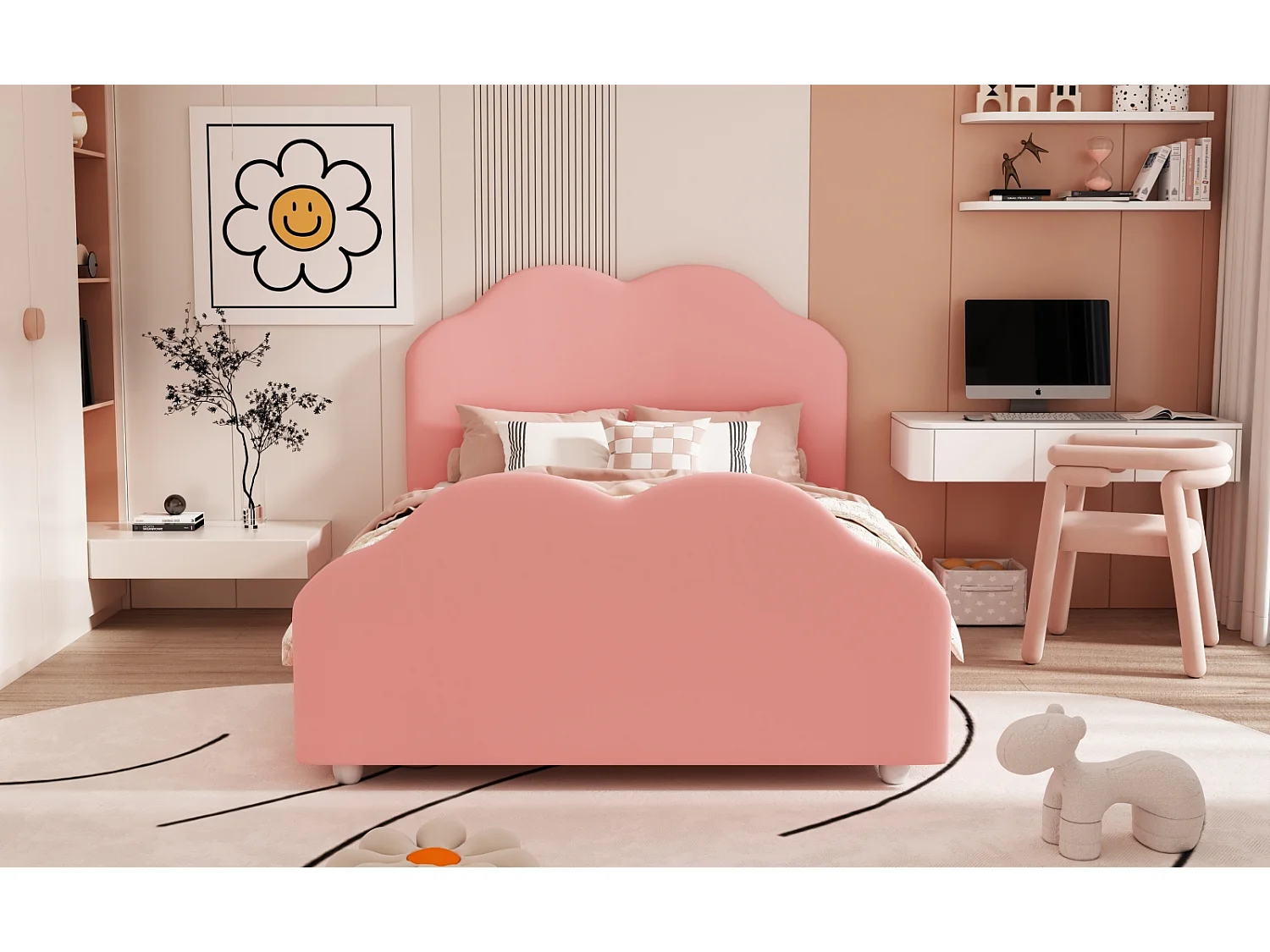 Letto imbottito 90 x 200 cm con testiera sagomata, letto per bambini con rete a doghe, rosa