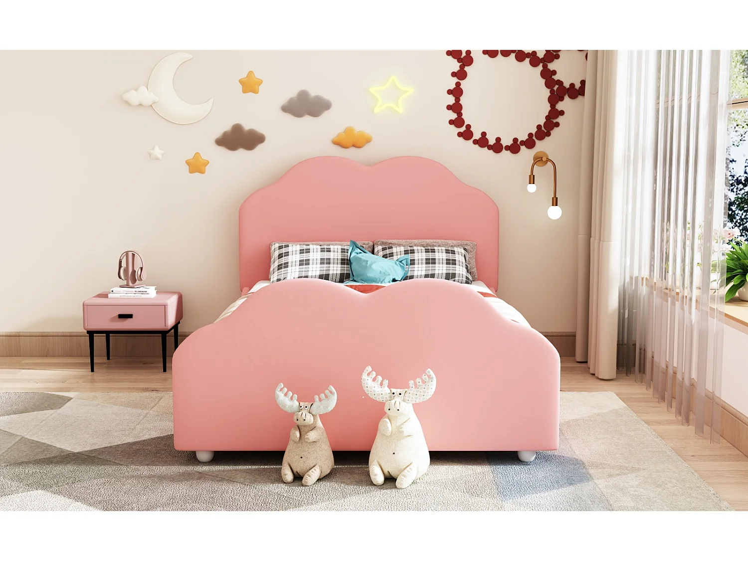 Letto imbottito 90 x 200 cm con testiera sagomata, letto per bambini con rete a doghe, rosa