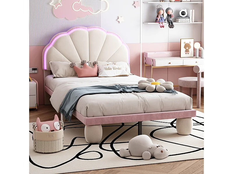 Letto singolo 90x200 con striscia LED, imbottito con rete a doghe e gambe arrotondate, rosa