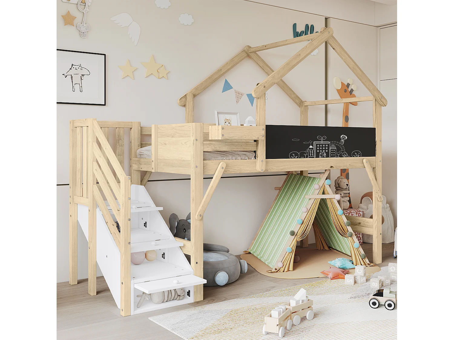 Kinderstapelbed 90x200 cm, Overschilderbaar paneel, met 3 opbergvakken in de trap, Bios