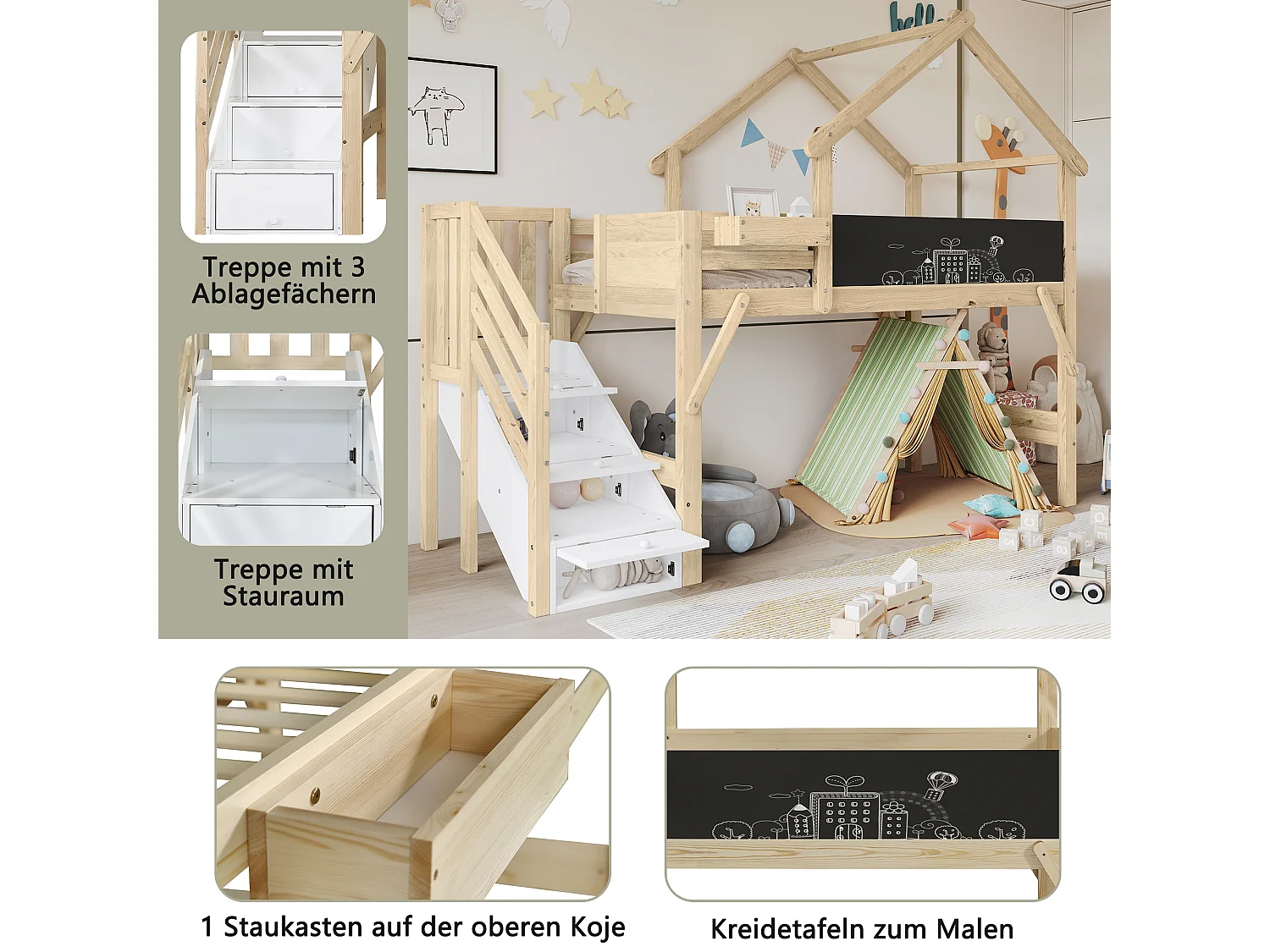 Kinderstapelbed 90x200 cm, Overschilderbaar paneel, met 3 opbergvakken in de trap, Bios