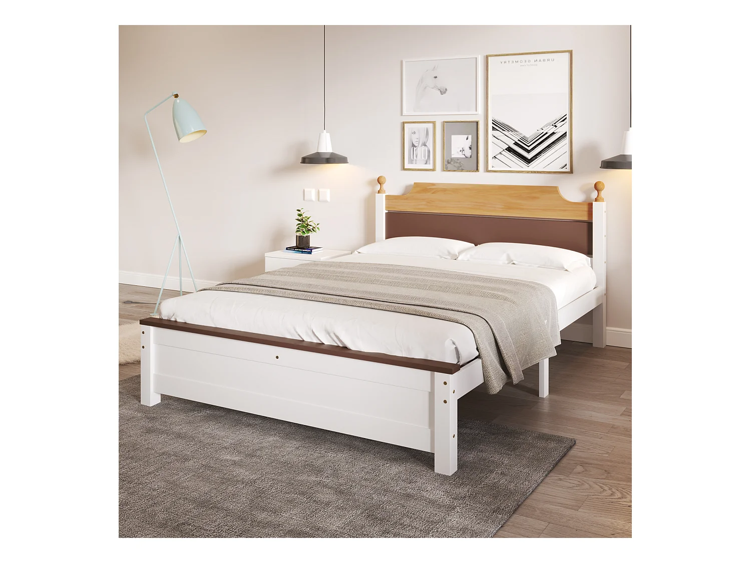 Lit Double 90x200 cm, Cadre en pin, avec tête de lit et Pied de lit en MDF, Blanc