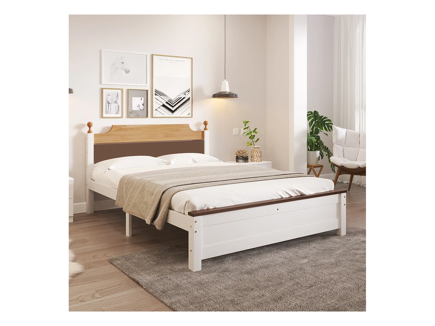 Cama de matrimonio 90x200 cm, Estructura de pino, con cabecero y piecero de MDF, Color blanco