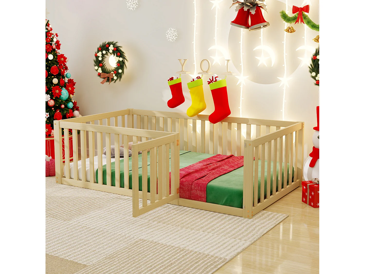 Letto per bambini - 90 x 200 cm - Letto a terra con recinzione e porta - per bambine e bambini - Colore legno