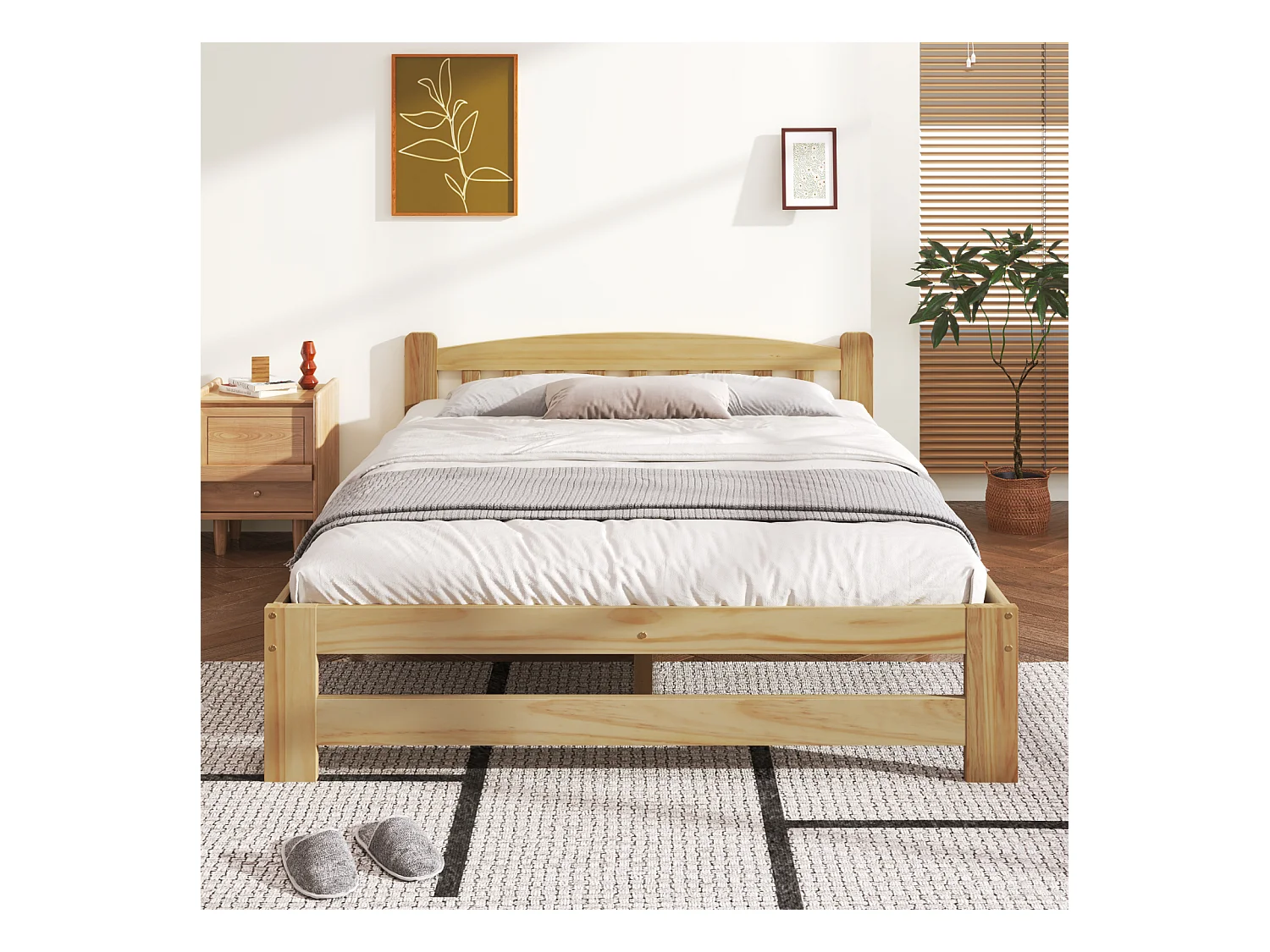 Cama individual 140x200 cm, madera maciza natural, con cabecero y somier, color natural