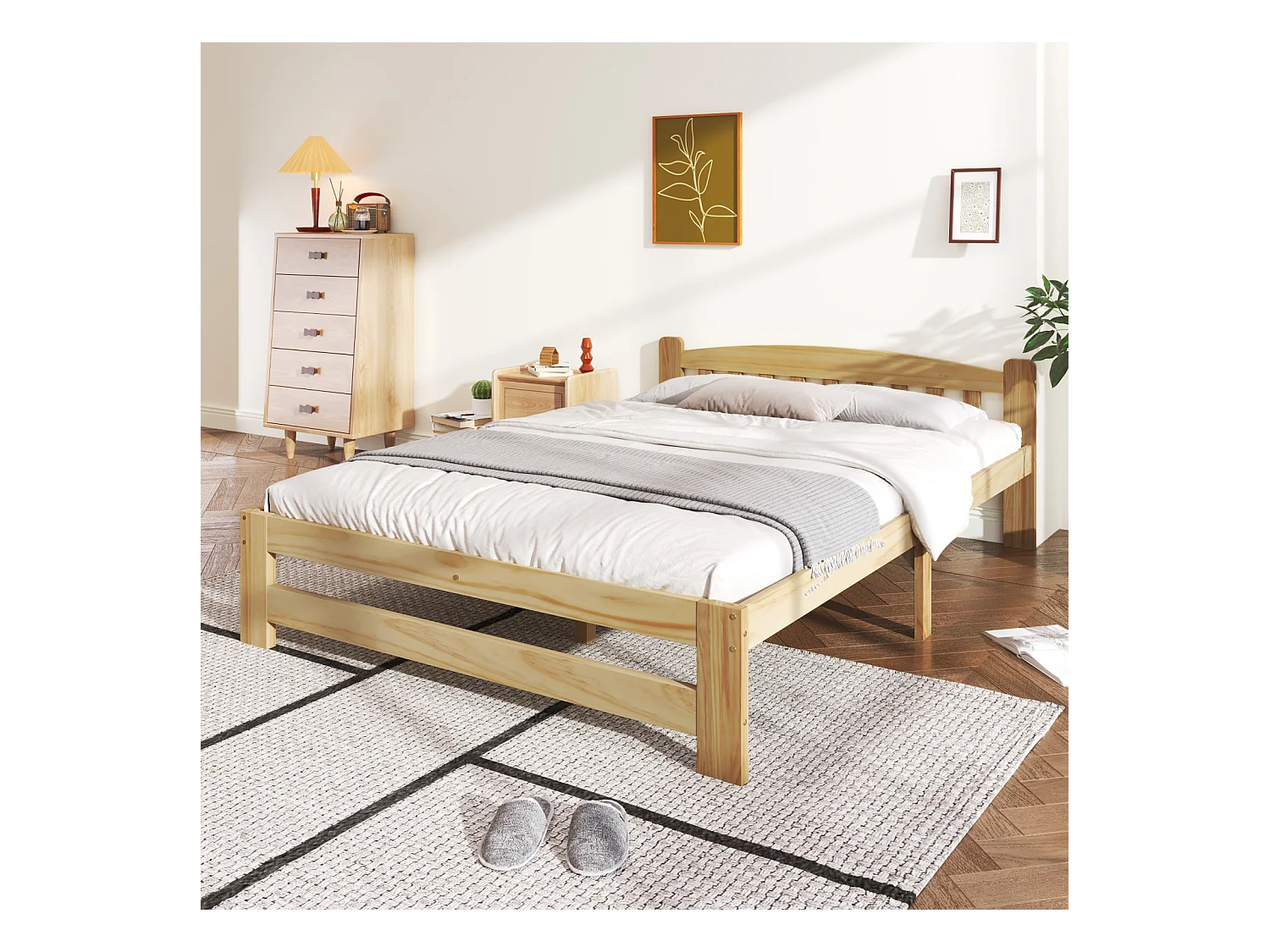 Cama individual 140x200 cm, madera maciza natural, con cabecero y somier, color natural