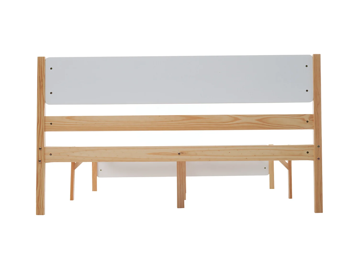 Cama individual 140x200 cm, con pata central, cabecero y piecero en MDF, Blanco + Natural