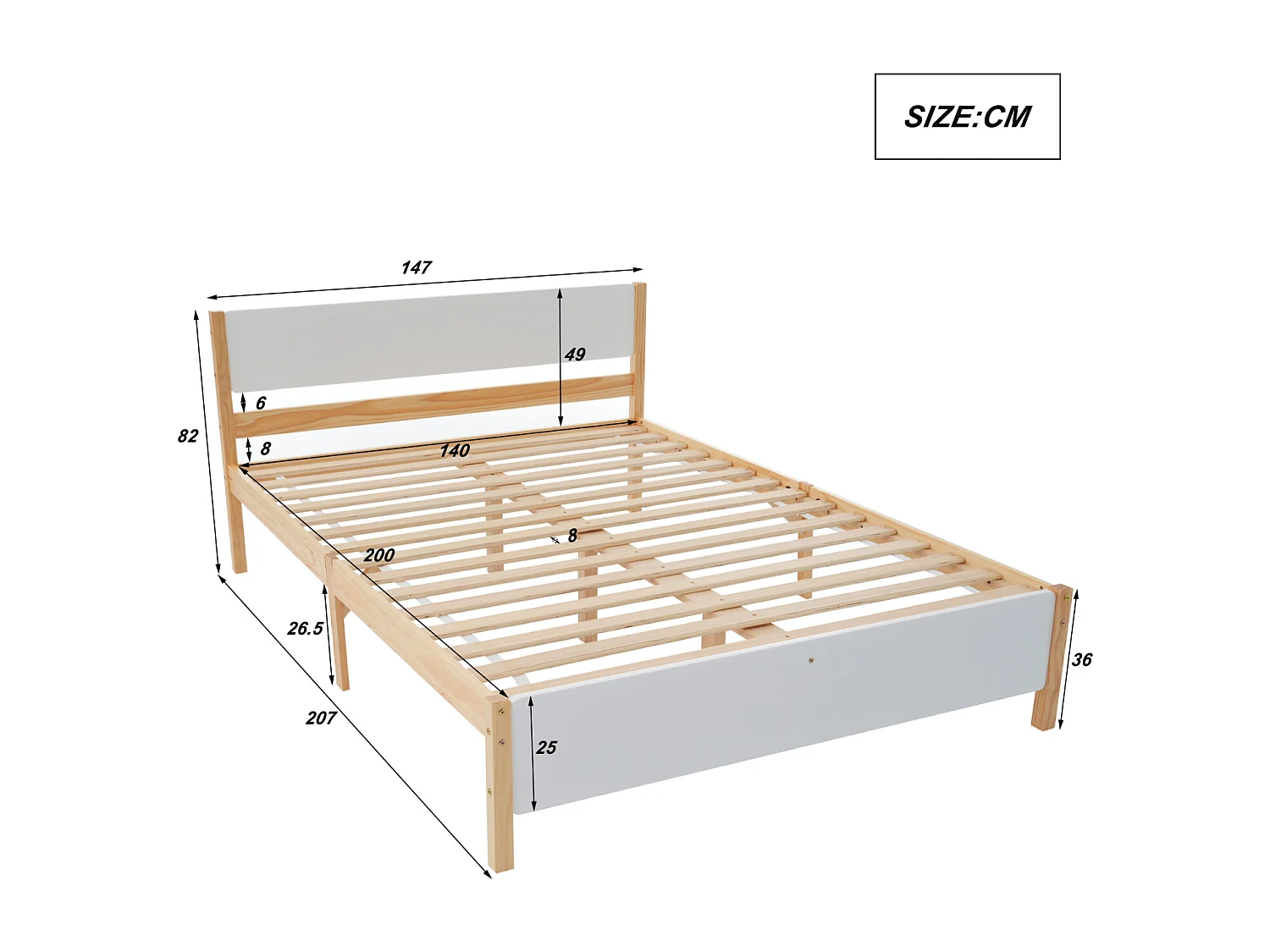 Eenpersoonsbed 140 x 200 cm, met centrale poot, hoofdeinde en voeteneinde van MDF, Wit + Naturel