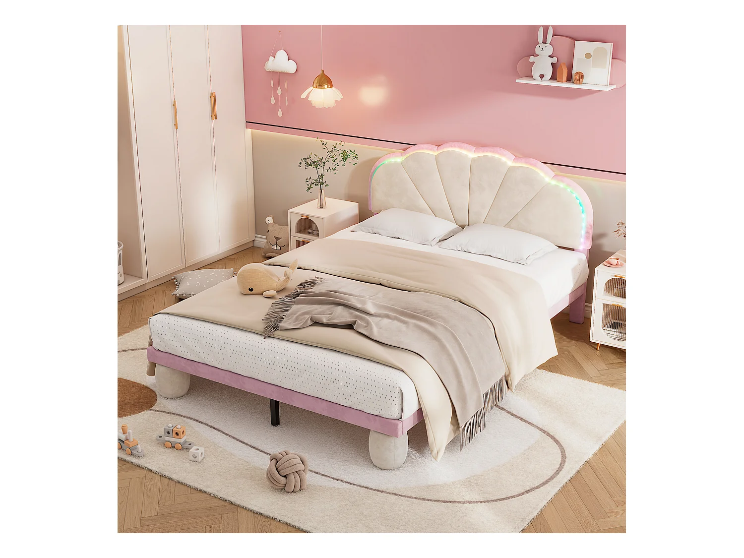 Cama doble 140x200cm con tira LED, tapizada, con somier de láminas y patas redondeadas, color rosa