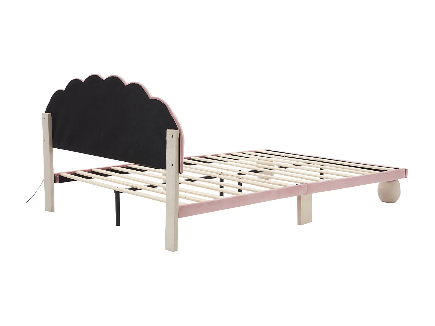 Cama doble 140x200cm con tira LED, tapizada, con somier de láminas y patas redondeadas, color rosa