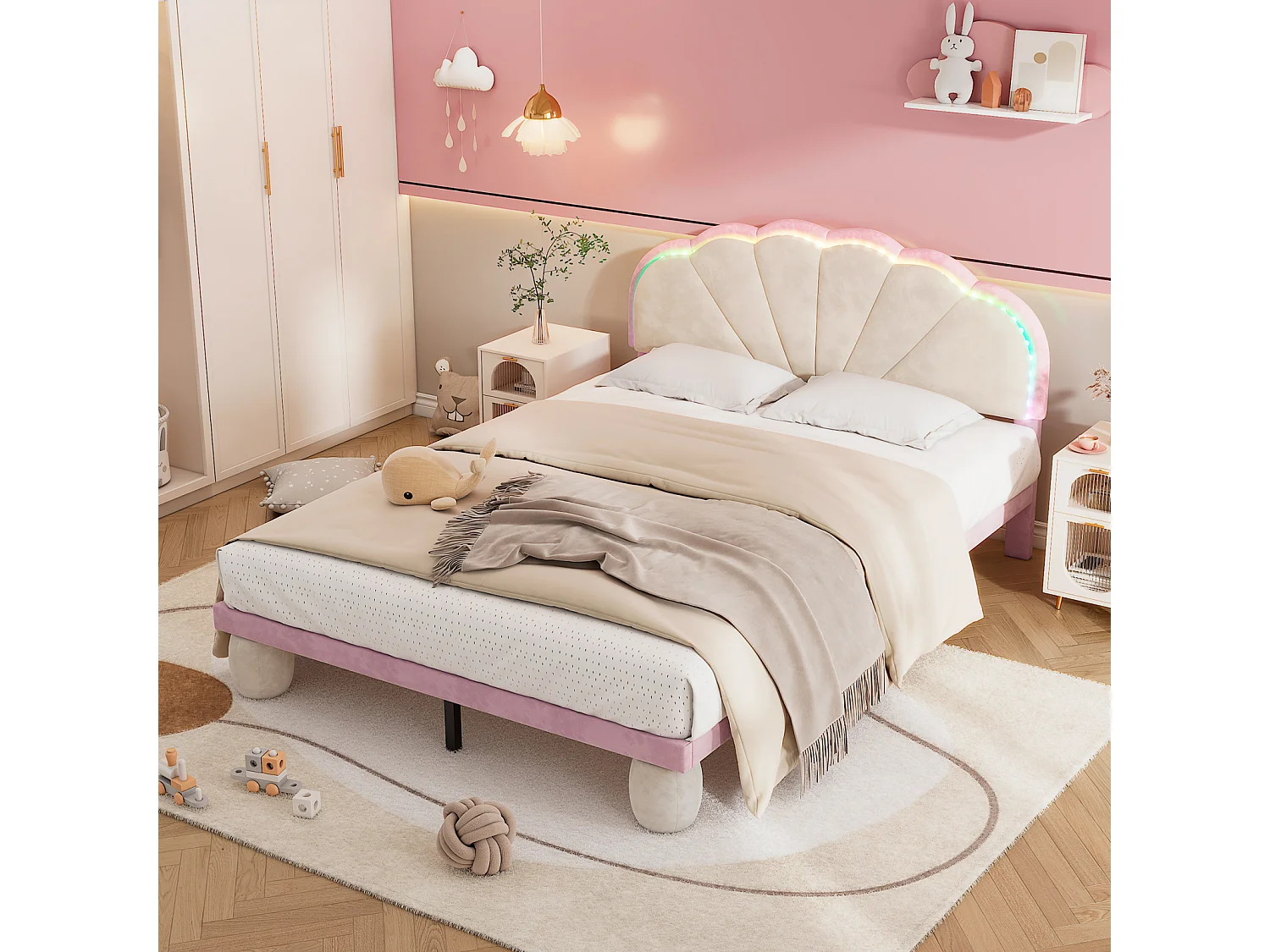 Letto matrimoniale 140x200cm con striscia LED, letto imbottito con rete a doghe e gambe arrotondate, rosa