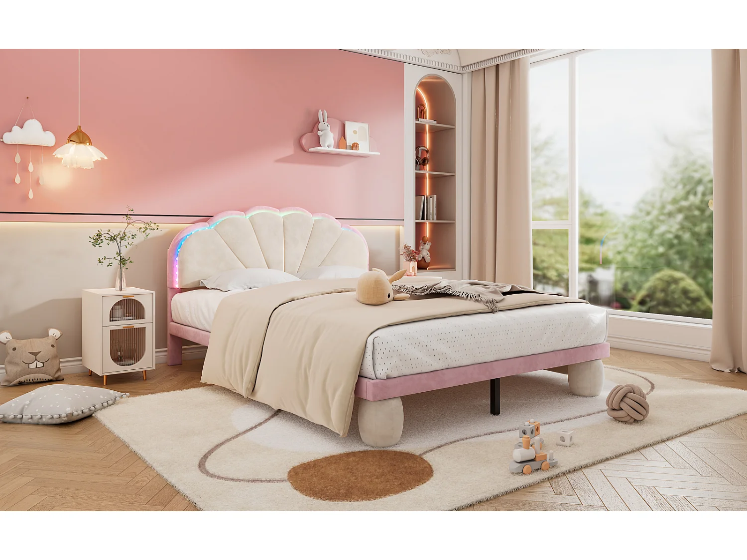 Letto matrimoniale 140x200cm con striscia LED, letto imbottito con rete a doghe e gambe arrotondate, rosa