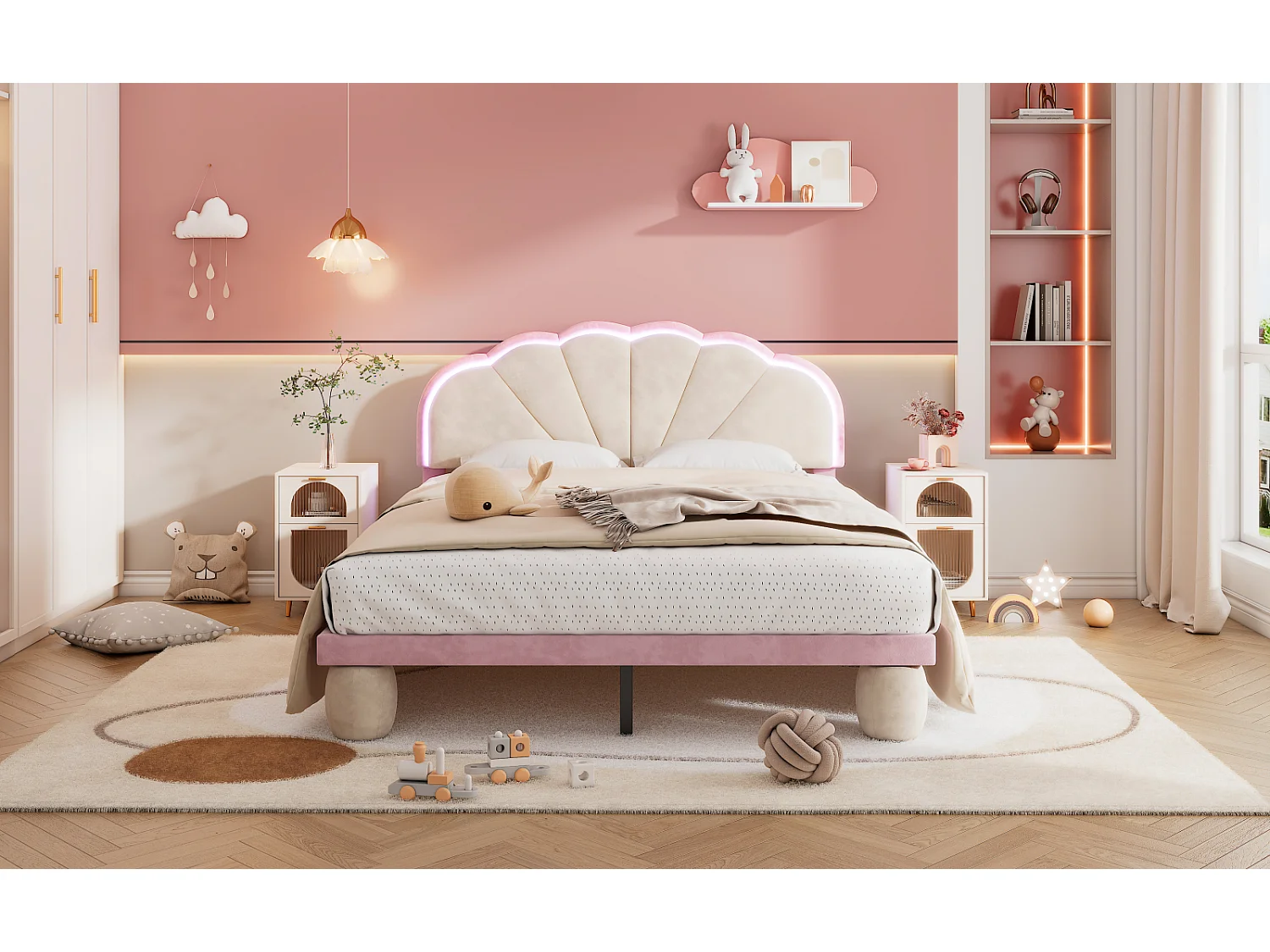 Letto matrimoniale 140x200cm con striscia LED, letto imbottito con rete a doghe e gambe arrotondate, rosa