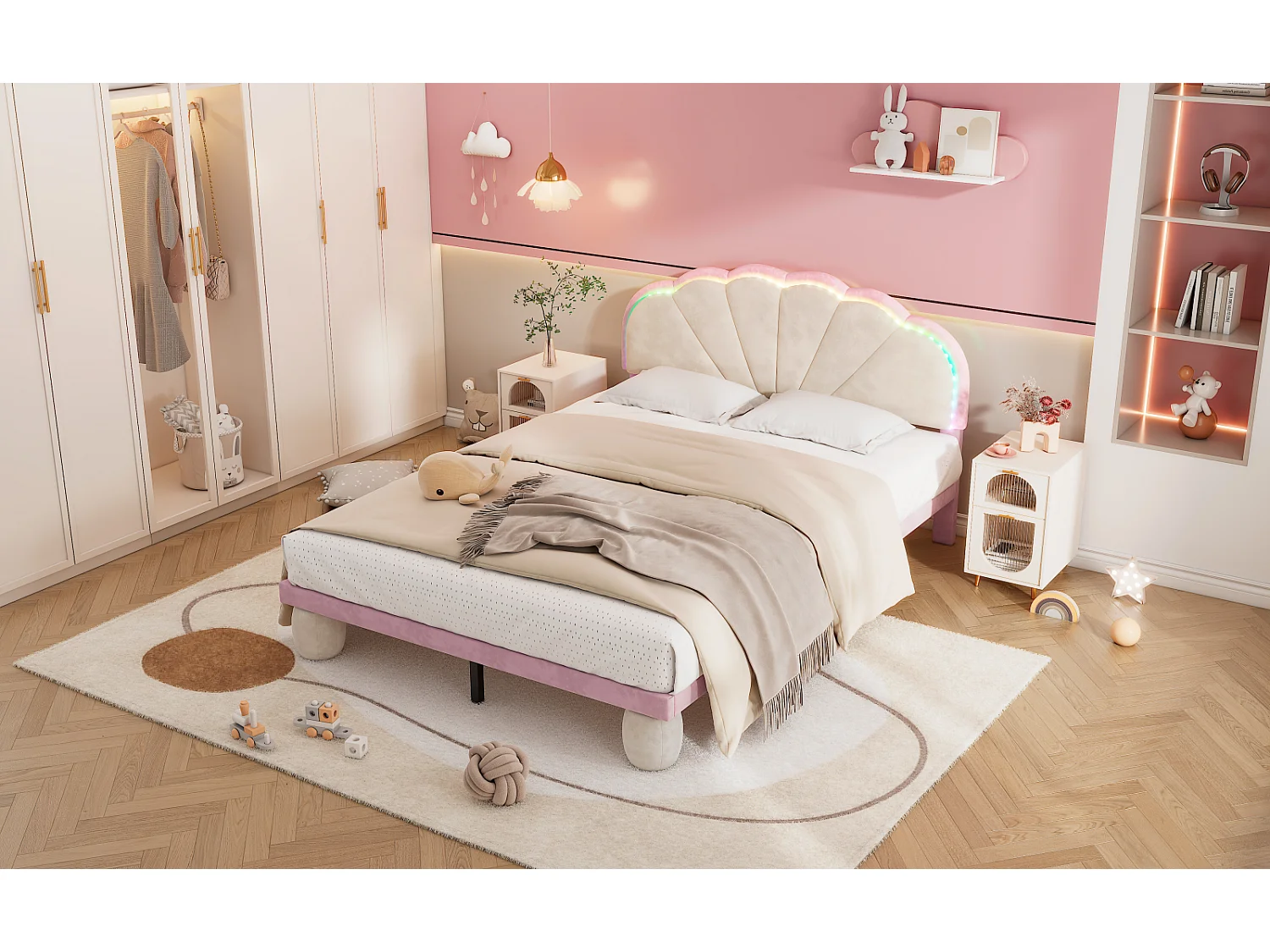 Letto matrimoniale 140x200cm con striscia LED, letto imbottito con rete a doghe e gambe arrotondate, rosa