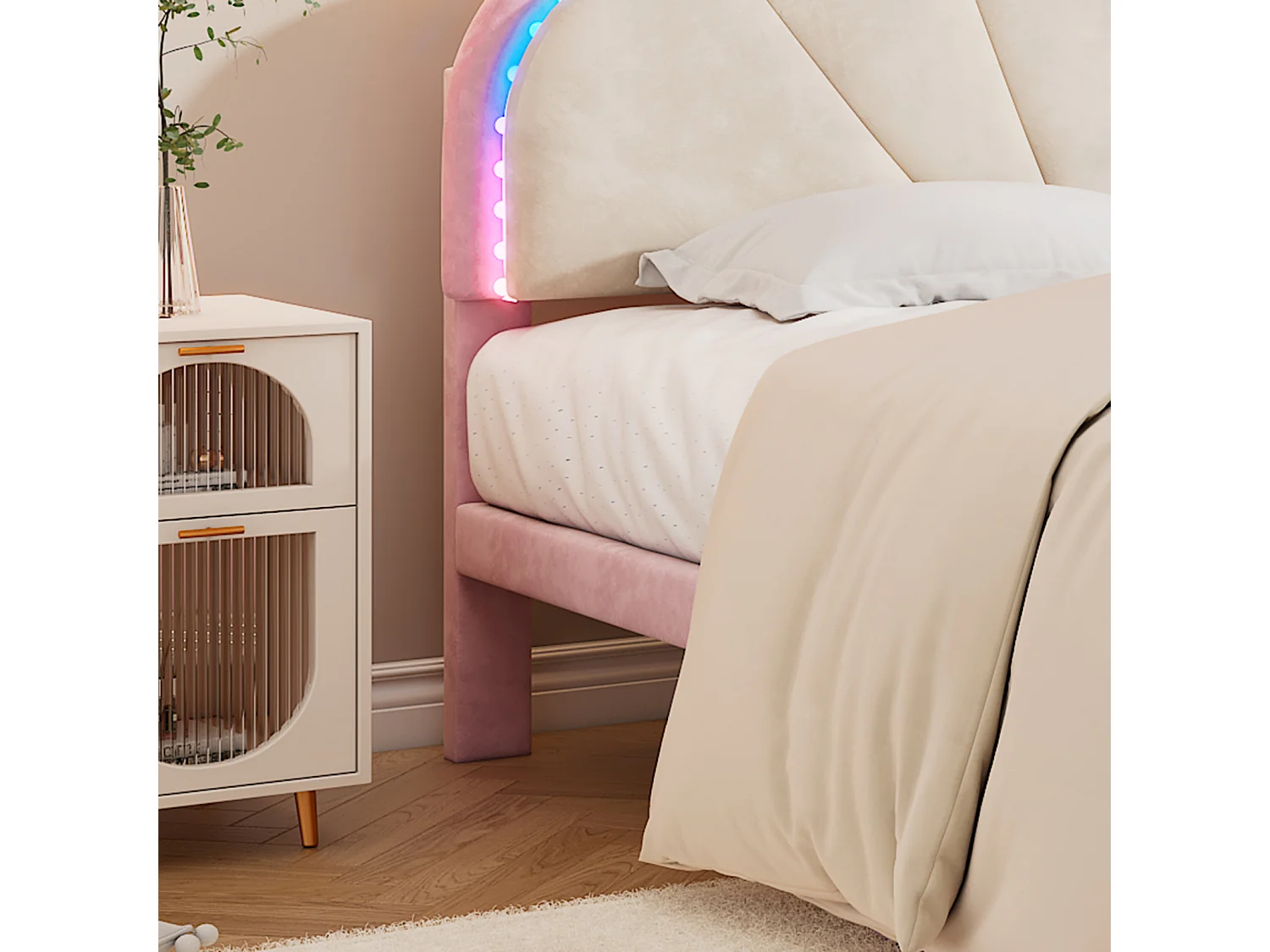 Letto matrimoniale 140x200cm con striscia LED, letto imbottito con rete a doghe e gambe arrotondate, rosa