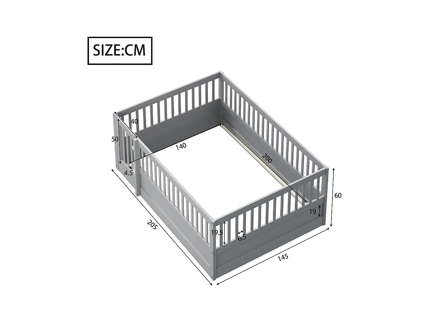 Lit d'enfant - 140 x 200 cm - Lit de Sol avec Porte - pour Fille et garçon - Gris