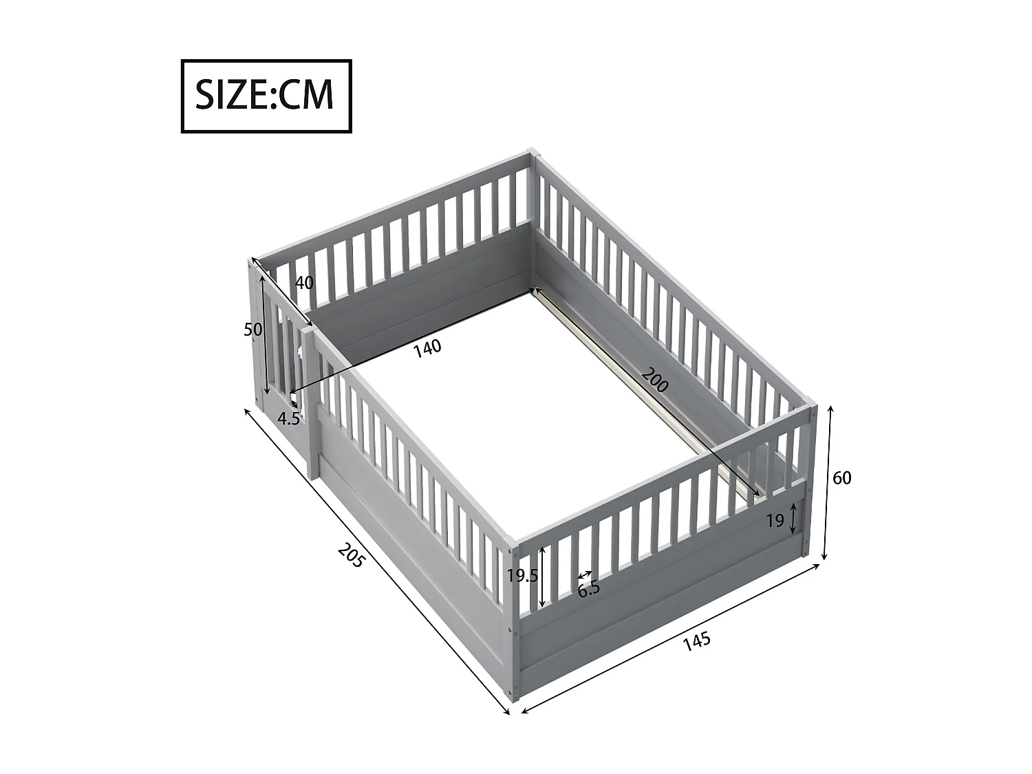 Letto per bambini - 140 x 200 cm - Letto a terra con porta - per bambine e bambini - Grigio