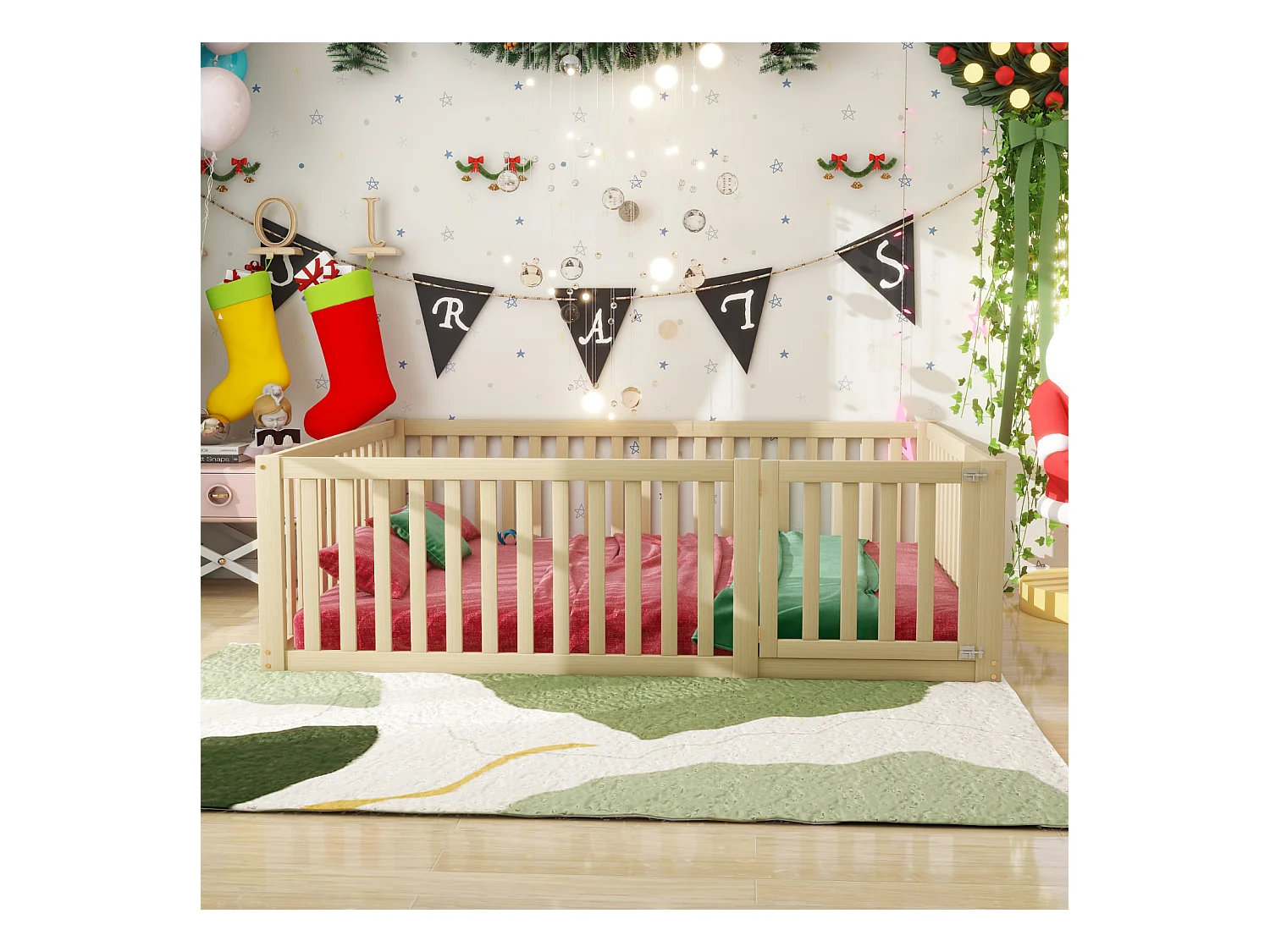 Cama Infantil - 140 x 200 cm - Cama de Chão com Cerca e Porta - para Meninas e Meninos - Cor Madeira